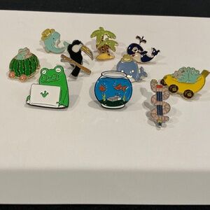 10 tac pins, WHALES, DOLPHIN, TOUCAN, PALM TREE, FROGS, FISH, WORM